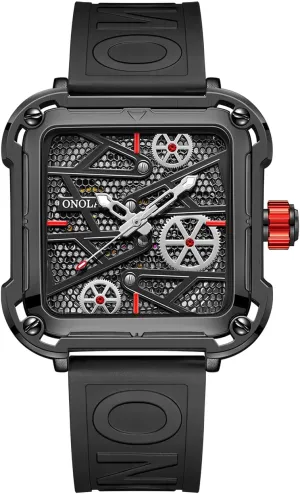 Waterproof Luminous Casual Automatic Mens Wrist Watches (Black) Square Retro Mechanical Watch for acid retain south airport Men Silicone Strap Skeleton Watch Fashion 