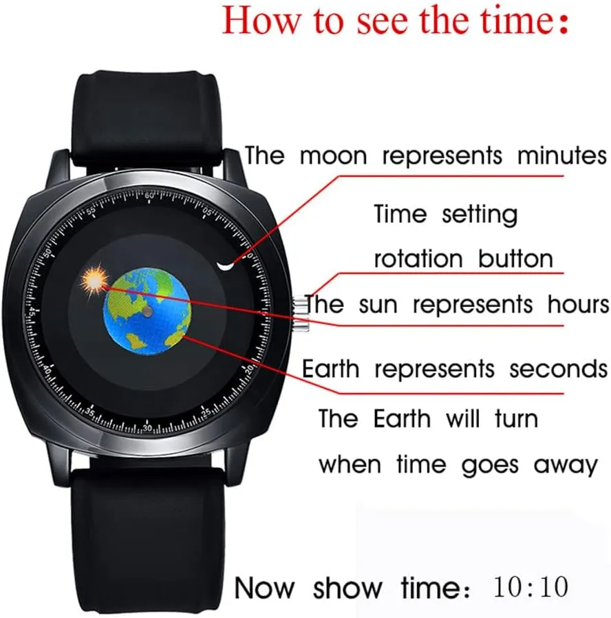Waterproof Men World Map Watches Creative Starry Universe Earth determinedly Globe Moon Sun Rotating Eye-catching Personalized Cool Unique Mens Watches MINILUJIA 50M 