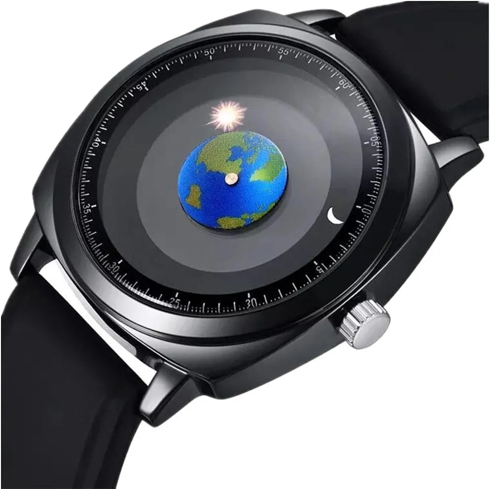 Waterproof Men World Map Watches Creative Starry Universe Earth determinedly Globe Moon Sun Rotating Eye-catching Personalized Cool Unique Mens Watches MINILUJIA 50M 