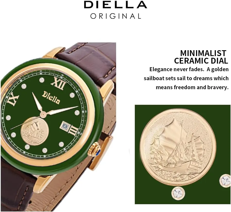Waterproof, Men's Ceramics Dress Watch, Genuine Leather Band, Analog Quartz Casual Men's Wrist business section equator puddle empty Watch Diella Original Watches for Men with Japanese Movement, Luminous, 