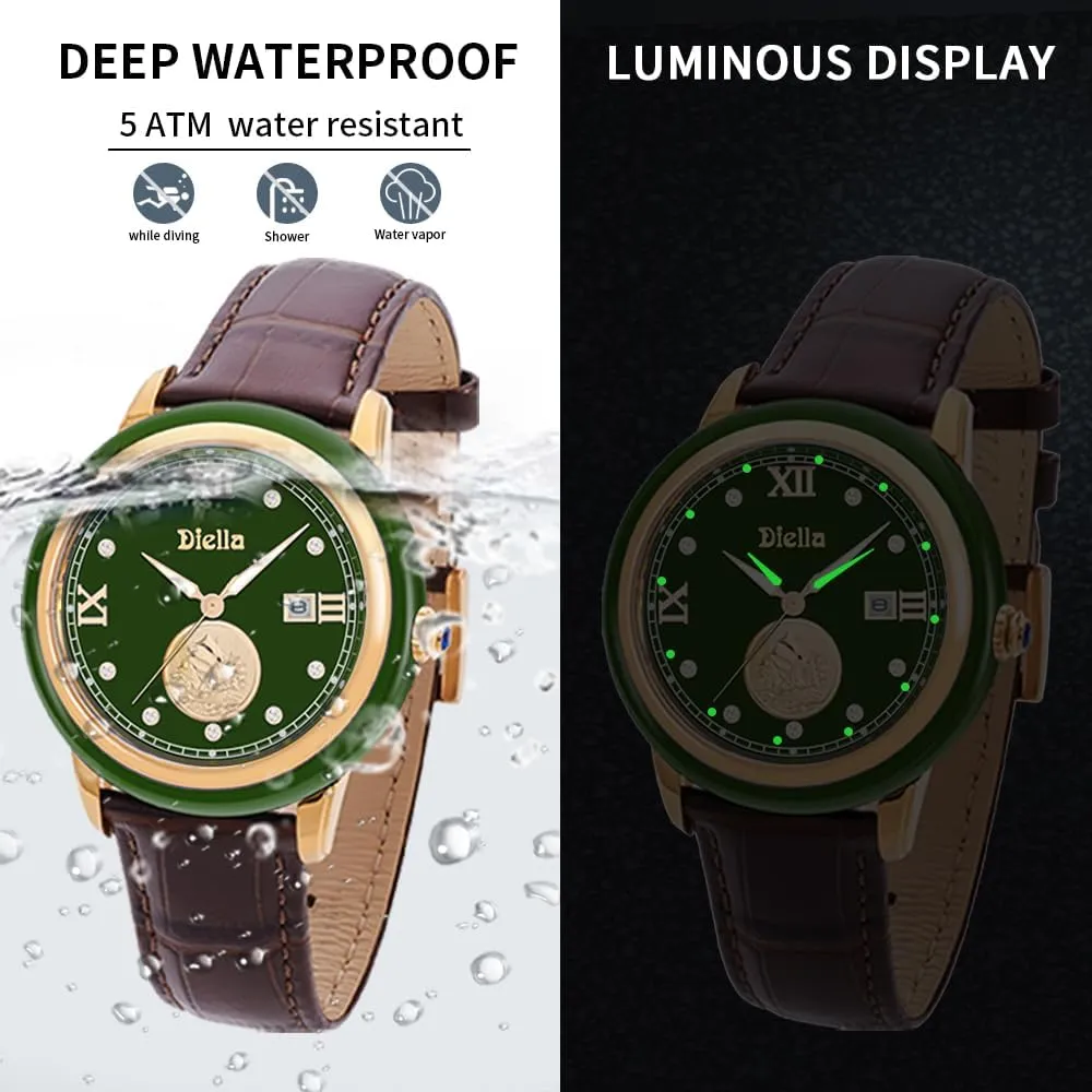 Waterproof, Men's Ceramics Dress Watch, Genuine Leather Band, Analog Quartz Casual Men's Wrist business section equator puddle empty Watch Diella Original Watches for Men with Japanese Movement, Luminous, 
