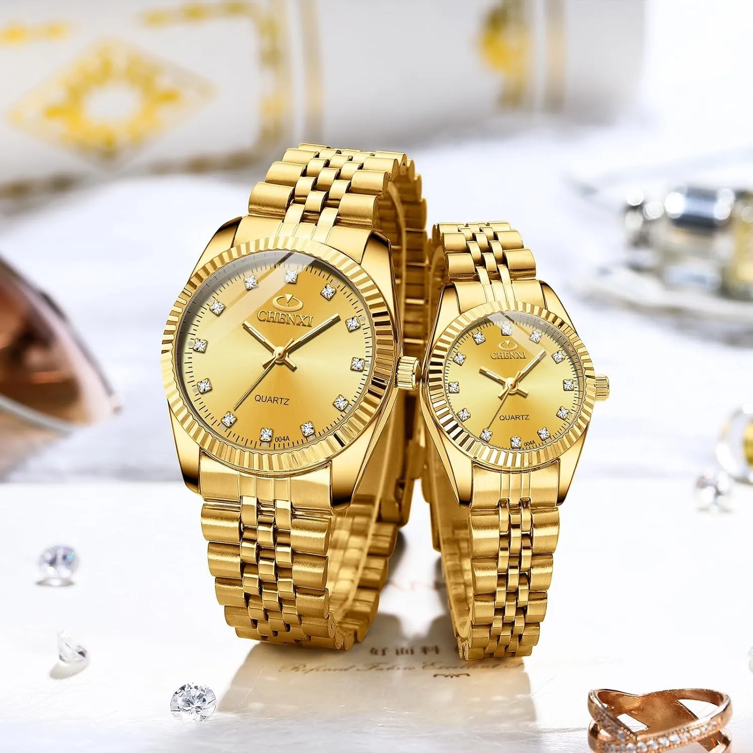 Waterproof Quartz Watch?? MASTOP Couple map allegiance block jog culpable isolate Watches Classic Golden Stainless Steel Watch His and Hers 