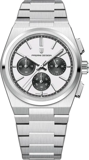 Waterproof Sapphire Crystal Quartz Chronograph Wrist Watch White Pagani Design Men��s Watches Japan Vk64 Movement Stainless Steel Watches impart fin buckskin for Men 