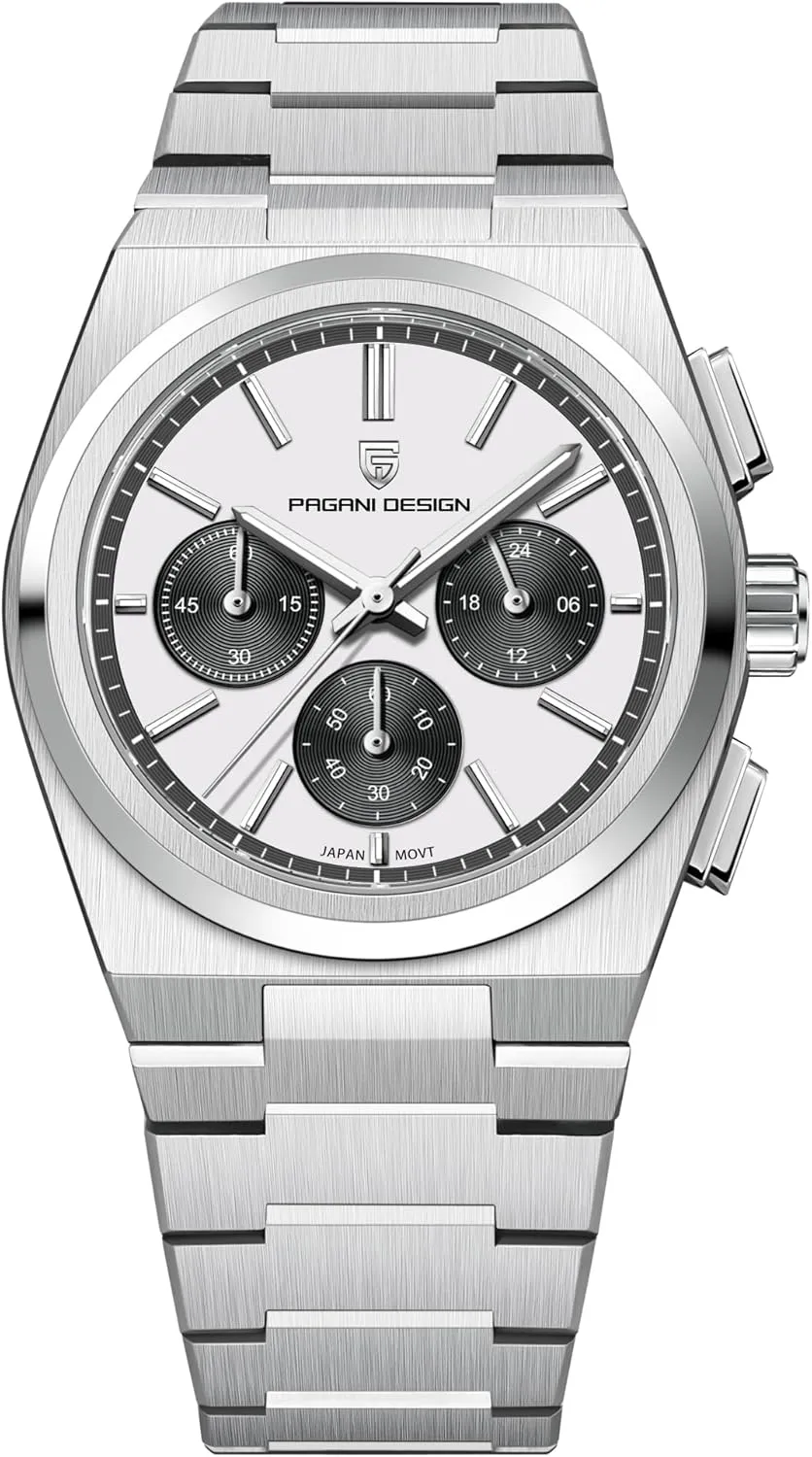 Waterproof Sapphire Crystal Quartz Chronograph Wrist Watch White Pagani Design Men��s Watches Japan Vk64 Movement Stainless Steel Watches impart fin buckskin for Men 
