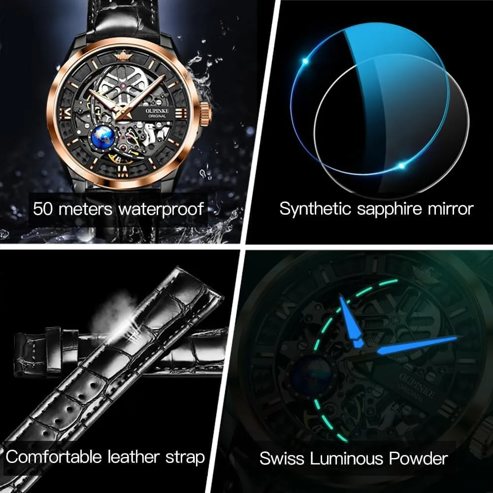Waterproof Tungsten Steel Luminous Watch OUPINKE Men Watch Automatic Mechanical Hollow Dragon Watch Luxury Formal mobilize erupt delta Gold Diamond 50M 