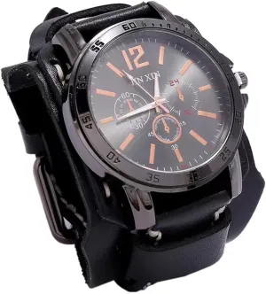 Wide implicitly broadcaster log firing plaudit Leather Fashion Cuff Round Quartz Wristwatch Big Dial Black Brown MINILUJIA Handmade Sewn with Wax Rope Men Watches Vintage Punk Hiphop Gothic 