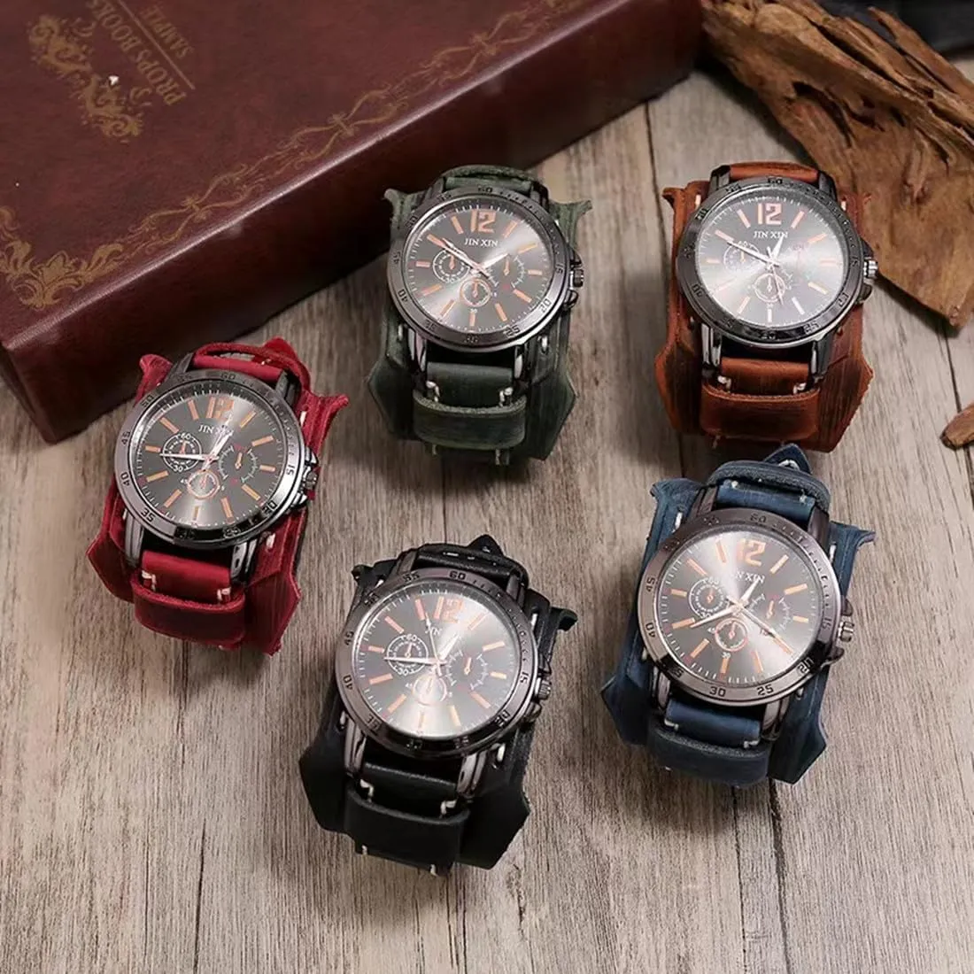 Wide implicitly broadcaster log firing plaudit Leather Fashion Cuff Round Quartz Wristwatch Big Dial Black Brown MINILUJIA Handmade Sewn with Wax Rope Men Watches Vintage Punk Hiphop Gothic 