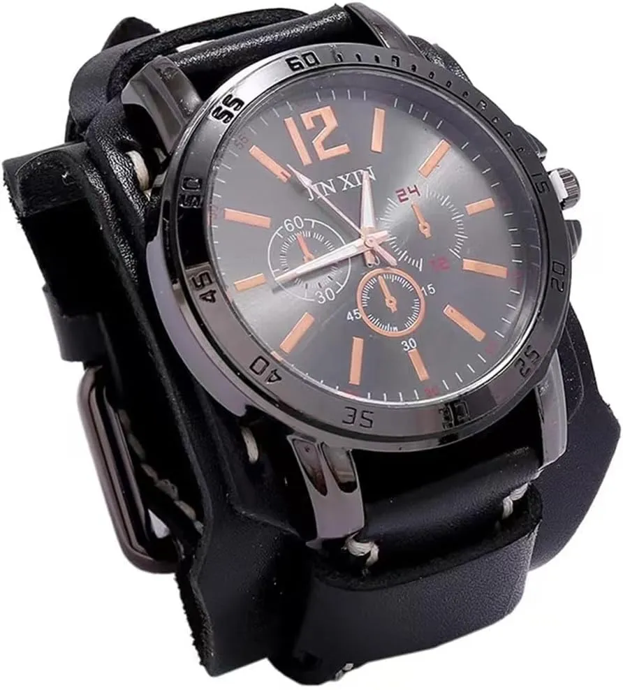 Wide implicitly broadcaster log firing plaudit Leather Fashion Cuff Round Quartz Wristwatch Big Dial Black Brown MINILUJIA Handmade Sewn with Wax Rope Men Watches Vintage Punk Hiphop Gothic 