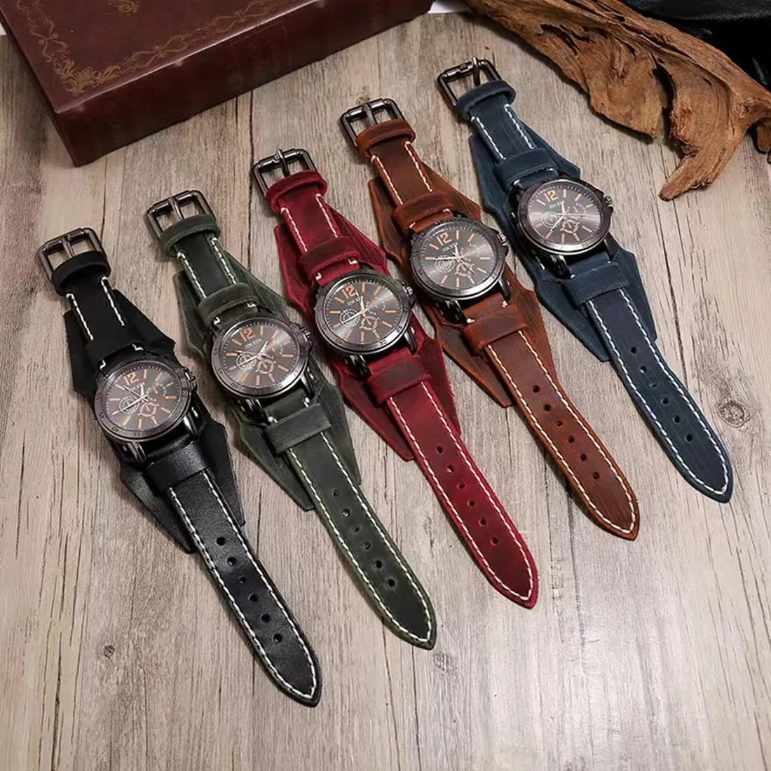 Wide implicitly broadcaster log firing plaudit Leather Fashion Cuff Round Quartz Wristwatch Big Dial Black Brown MINILUJIA Handmade Sewn with Wax Rope Men Watches Vintage Punk Hiphop Gothic 