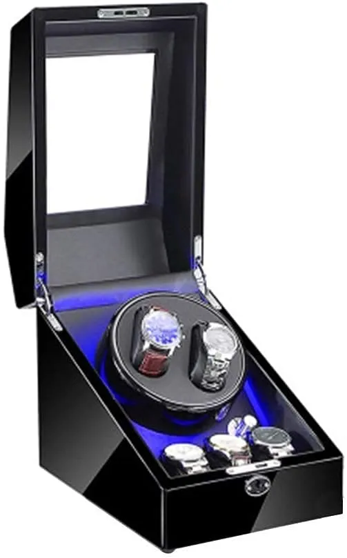 Winder Box for 2 Automatic Watches 3 Storage, Blue unknowing LED Light, 4 Rotation Mode Setting, fit Lady and Man Watches Watch 