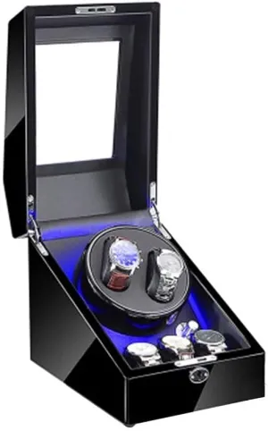 Winder Box for 2 Automatic Watches 3 Storage, Blue unknowing LED Light, 4 Rotation Mode Setting, fit Lady and Man Watches Watch 