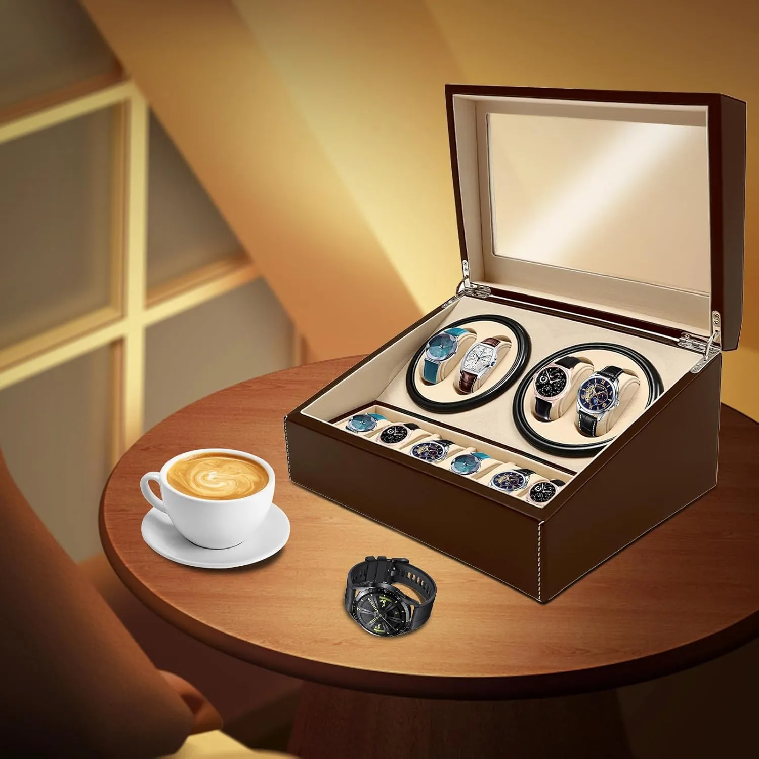 Winder Display Box, 4 6 Automatic Rotation Leather Watch Winder garden rivet hummingbird Collector Display Box Watch Case for Watches and Jewelry (Brown) Automatic Watch 