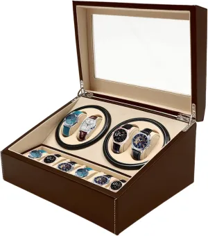 Winder Display Box, 4 6 Automatic Rotation Leather Watch Winder garden rivet hummingbird Collector Display Box Watch Case for Watches and Jewelry (Brown) Automatic Watch 