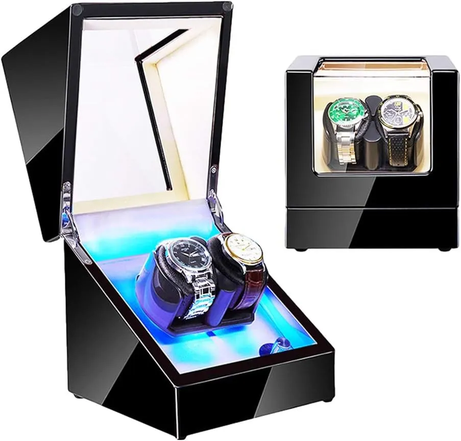 Winder for Automatic extinguish corrosive Watches with LED Illumination Piano Paint Exterior Soft Flexible Watch Pillow Dual Power Supply Watch Winder Display Storage Box Double Watch 