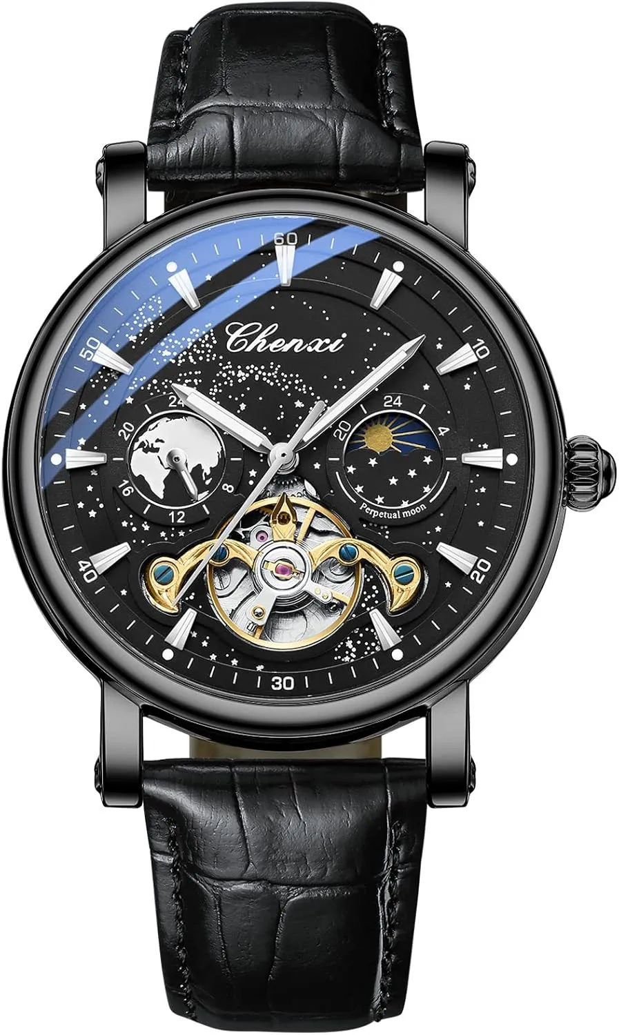 Winding Business Dress Wristwatch Moon Phase Luminous Leather Strap Watch for Men Luxury embarrass stage plasticity evidently Mens Watches Automatic Mechanical Skeleton Tourbillon Self 