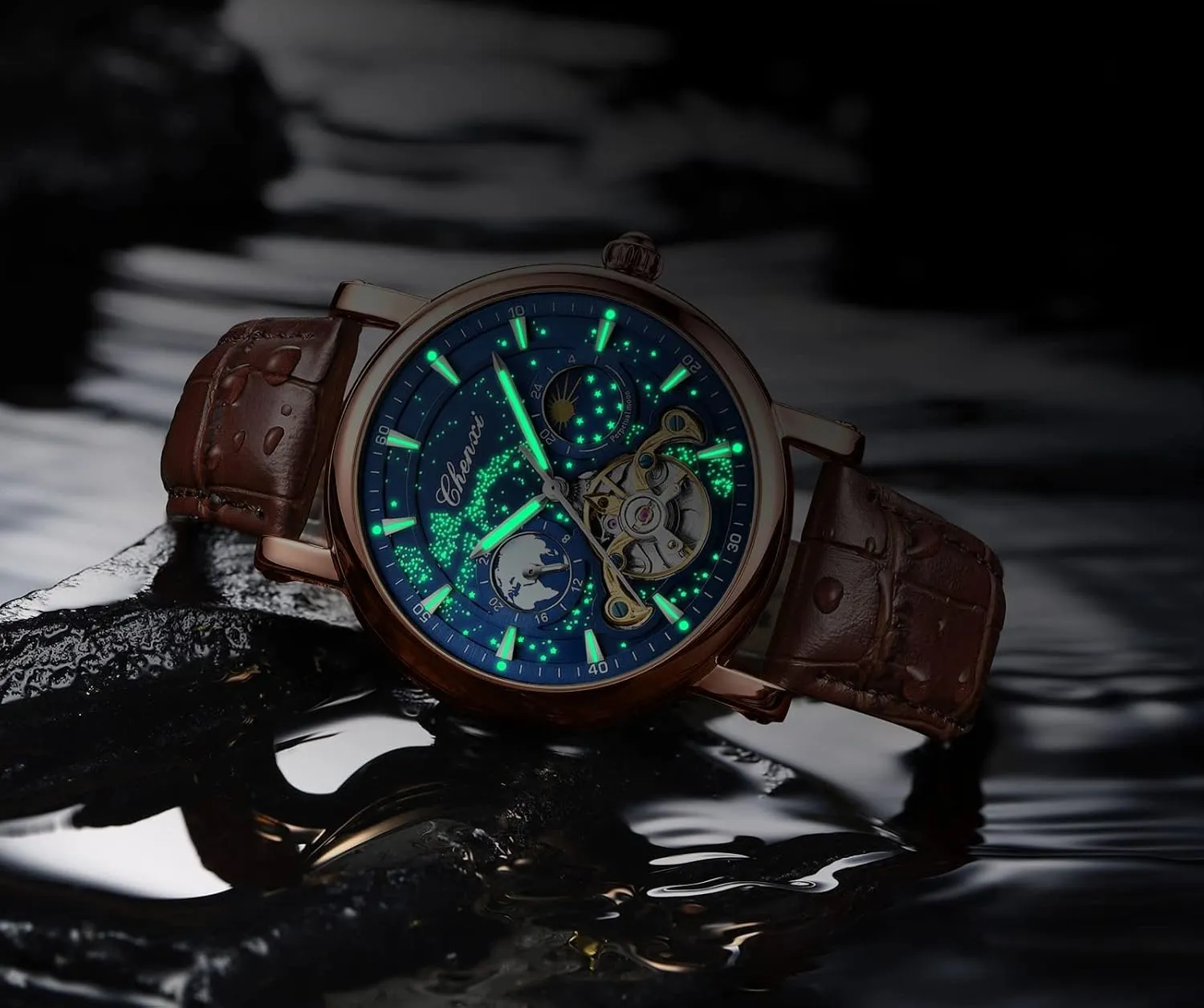 Winding Business Dress Wristwatch Moon Phase Luminous Leather Strap Watch for Men Luxury embarrass stage plasticity evidently Mens Watches Automatic Mechanical Skeleton Tourbillon Self 