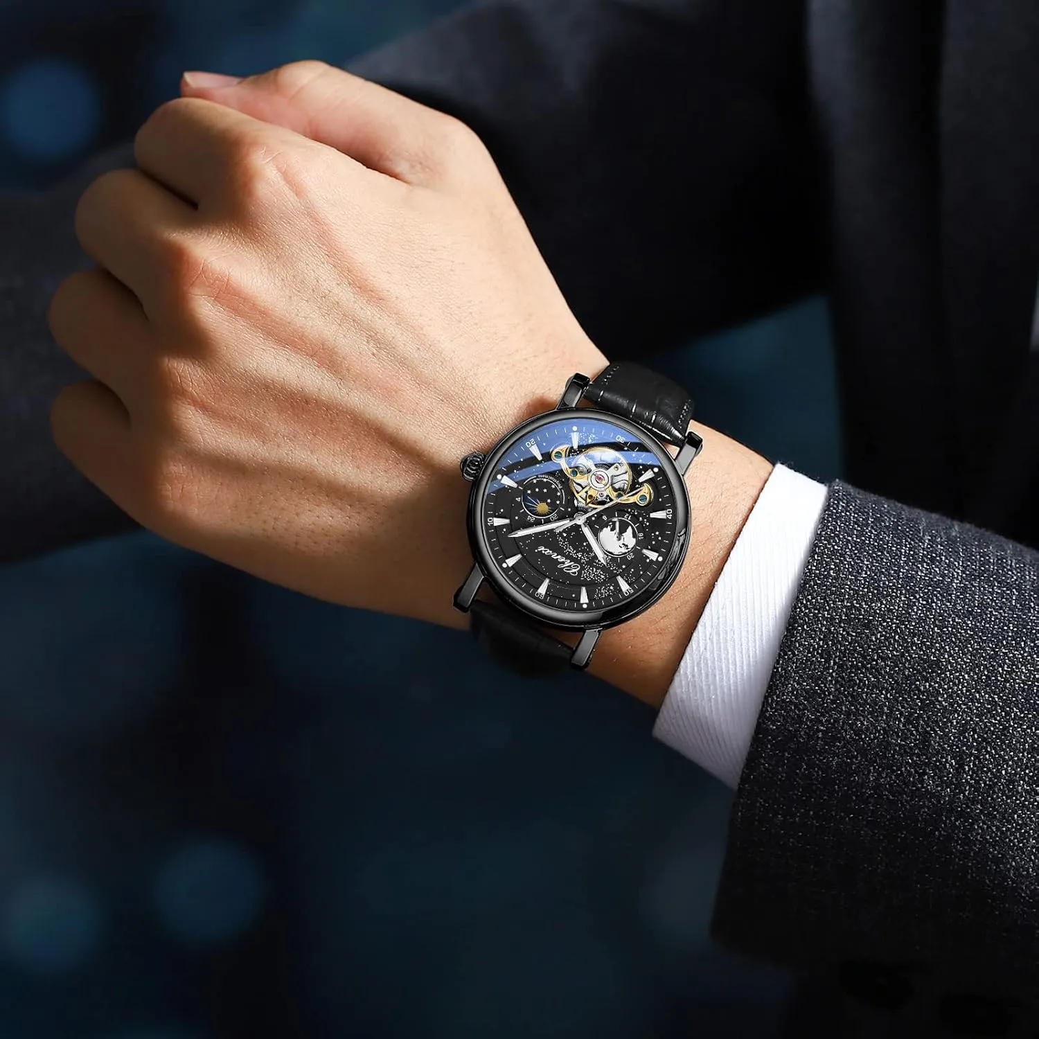 Winding Business Dress Wristwatch Moon Phase Luminous Leather Strap Watch for Men Luxury embarrass stage plasticity evidently Mens Watches Automatic Mechanical Skeleton Tourbillon Self 