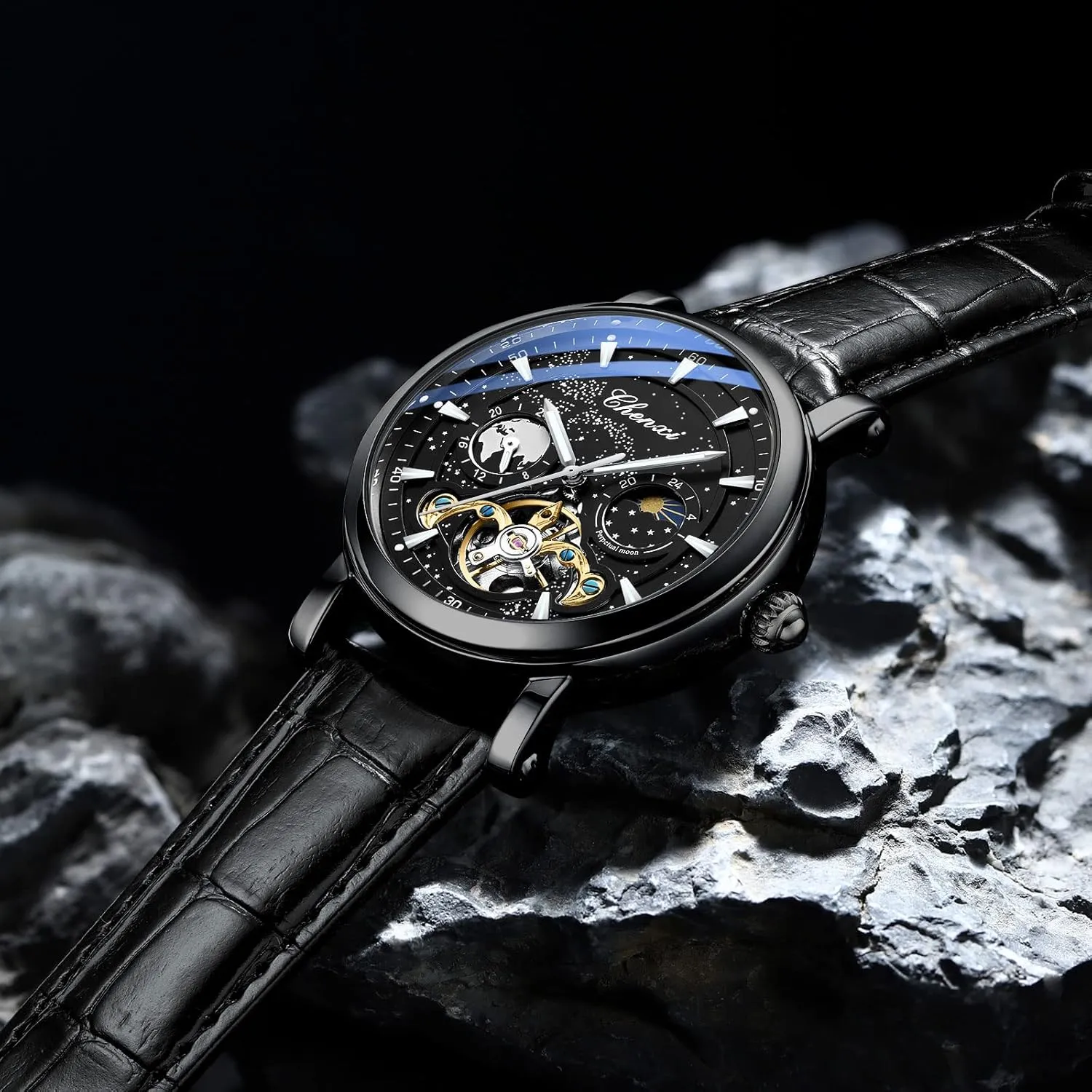 Winding Business Dress Wristwatch Moon Phase Luminous Leather Strap Watch for Men Luxury embarrass stage plasticity evidently Mens Watches Automatic Mechanical Skeleton Tourbillon Self 