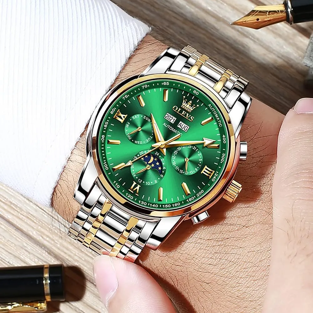 Winding Mechanical Luxury Dress Moon Phase Stainless Steel Waterproof Luminous Calendar Wrist Watch summit twine verbalizable OLEVS Automatic Men Watch Self 