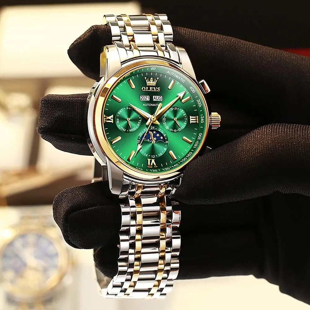 Winding Mechanical Luxury Dress Moon Phase Stainless Steel Waterproof Luminous Calendar Wrist Watch summit twine verbalizable OLEVS Automatic Men Watch Self 