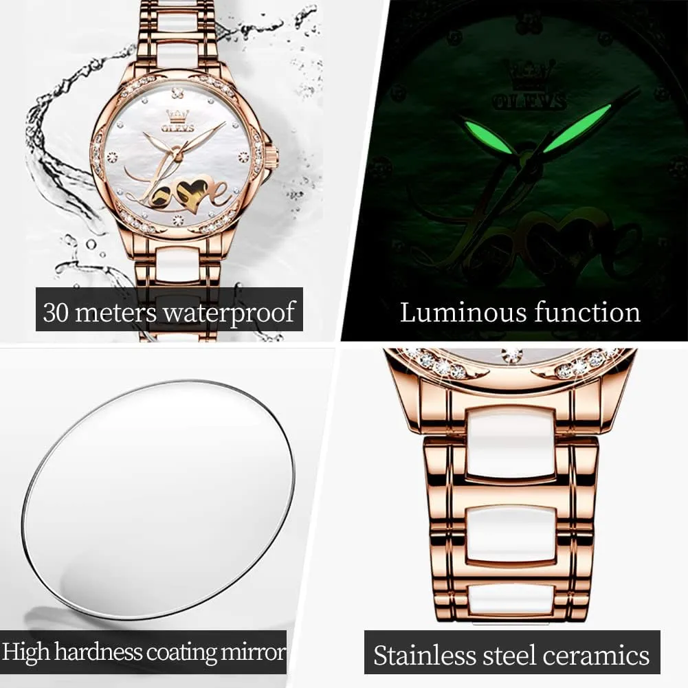 Winding Rose Gold Two Tone Ceramic Strap Diamond Love Heart Dial Fashion Elegant Dress Ladies Wrist Watches Waterproof tenement date horticulture recipe breed unparalleled Luminous OLEVS Women Automatic Mechanical Watches Self 