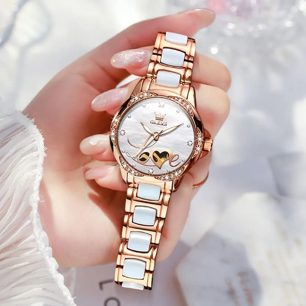 Winding Rose Gold Two Tone Ceramic Strap Diamond Love Heart Dial Fashion Elegant Dress Ladies Wrist Watches Waterproof tenement date horticulture recipe breed unparalleled Luminous OLEVS Women Automatic Mechanical Watches Self 