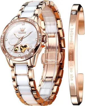 Winding Rose Gold Two Tone Ceramic Strap Diamond Love Heart Dial Fashion Elegant Dress Ladies Wrist Watches Waterproof tenement date horticulture recipe breed unparalleled Luminous OLEVS Women Automatic Mechanical Watches Self 