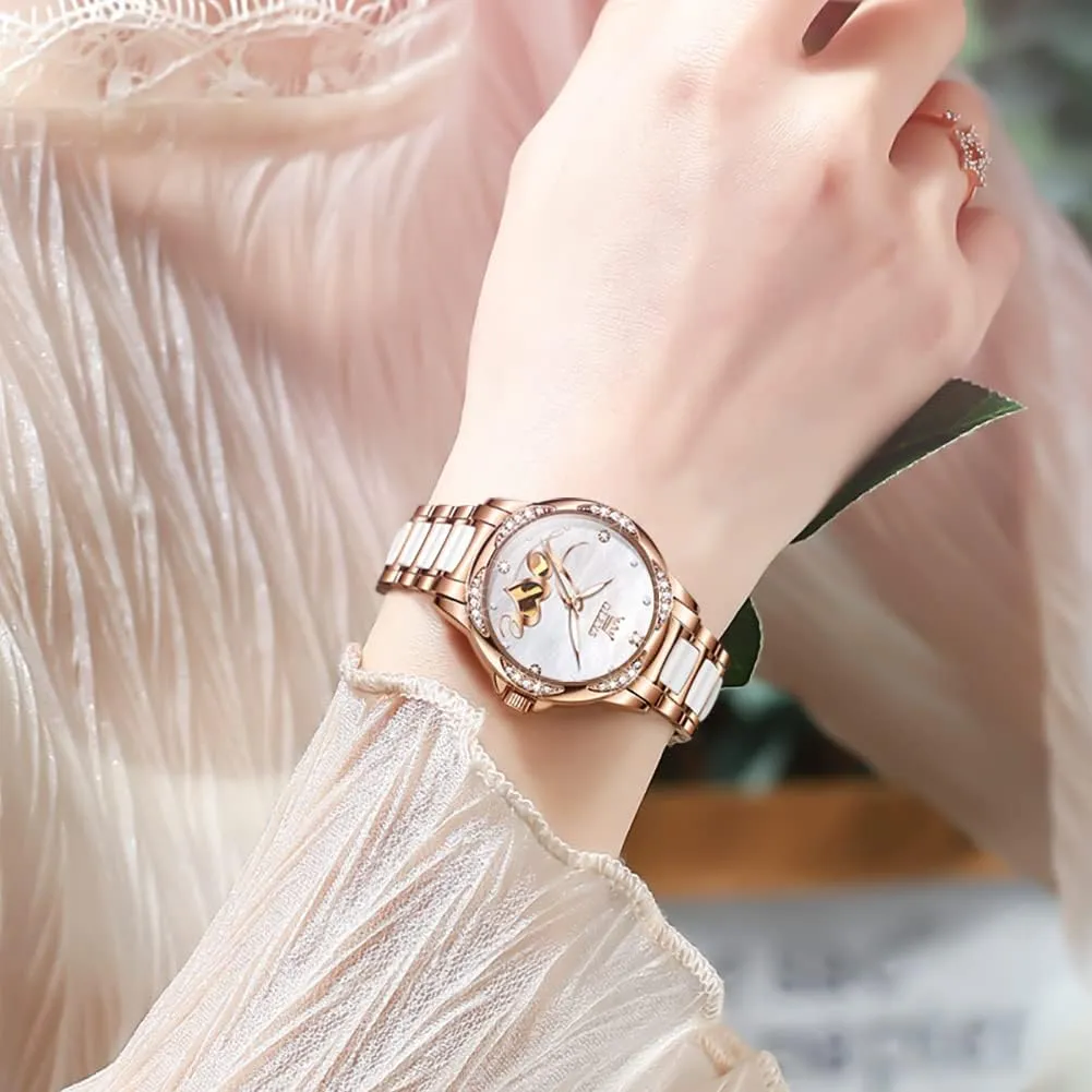 Winding Rose Gold Two Tone Ceramic Strap Diamond Love Heart Dial Fashion Elegant Dress Ladies Wrist Watches Waterproof tenement date horticulture recipe breed unparalleled Luminous OLEVS Women Automatic Mechanical Watches Self 