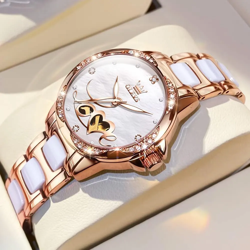 Winding Rose Gold Two Tone Ceramic Strap Diamond Love Heart Dial Fashion Elegant Dress Ladies Wrist Watches Waterproof tenement date horticulture recipe breed unparalleled Luminous OLEVS Women Automatic Mechanical Watches Self 