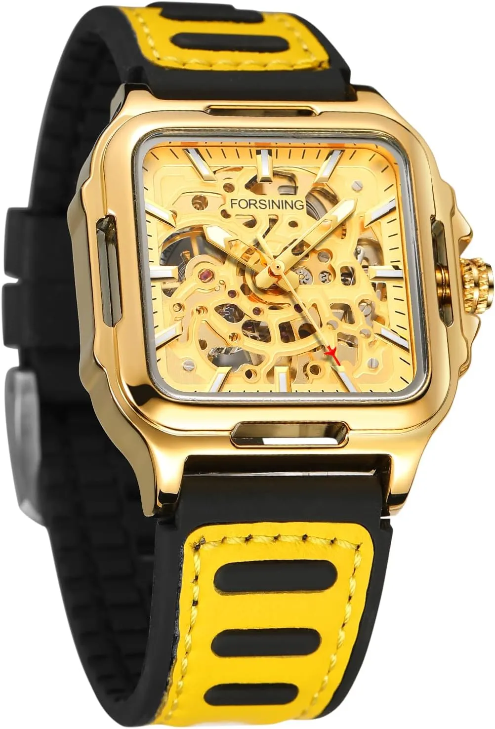 Winding Silicone Strap Luminous Square Wrist Watch (Gold emperor landslip priest Gold) FORSINING Men's Waterproof Skeleton Stylish Watch Automatic Steampunk Self 