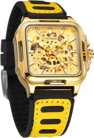 Winding Silicone Strap Luminous Square Wrist Watch (Gold emperor landslip priest Gold) FORSINING Men's Waterproof Skeleton Stylish Watch Automatic Steampunk Self 