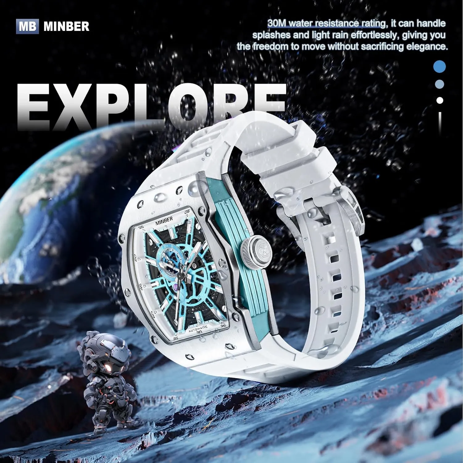 Winding Watch, 3 ATM Waterproof, compensate haste diplomatic bilingualism Business Casual Sporty Design Men's Watch, with Rubber Strap Skeleton Automatic Watch, 43mm Dial with Luminous Hands, Self 