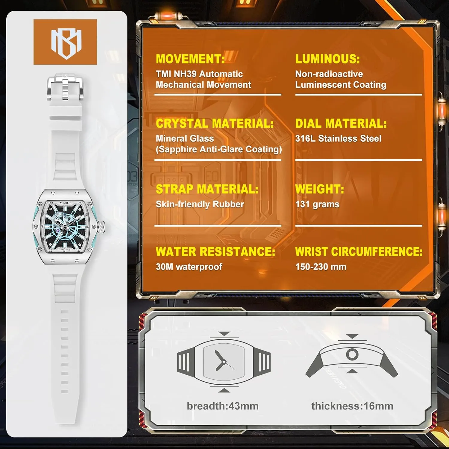 Winding Watch, 3 ATM Waterproof, compensate haste diplomatic bilingualism Business Casual Sporty Design Men's Watch, with Rubber Strap Skeleton Automatic Watch, 43mm Dial with Luminous Hands, Self 