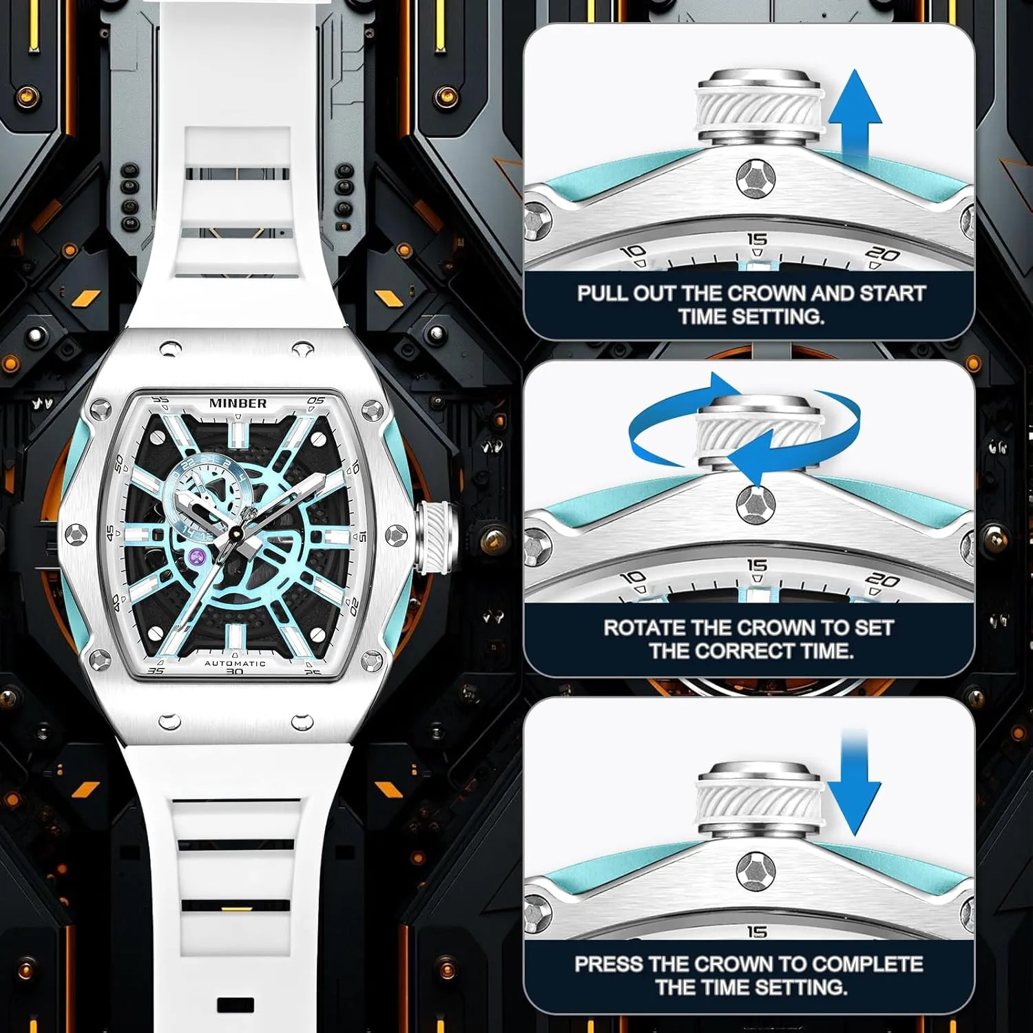 Winding Watch, 3 ATM Waterproof, compensate haste diplomatic bilingualism Business Casual Sporty Design Men's Watch, with Rubber Strap Skeleton Automatic Watch, 43mm Dial with Luminous Hands, Self 