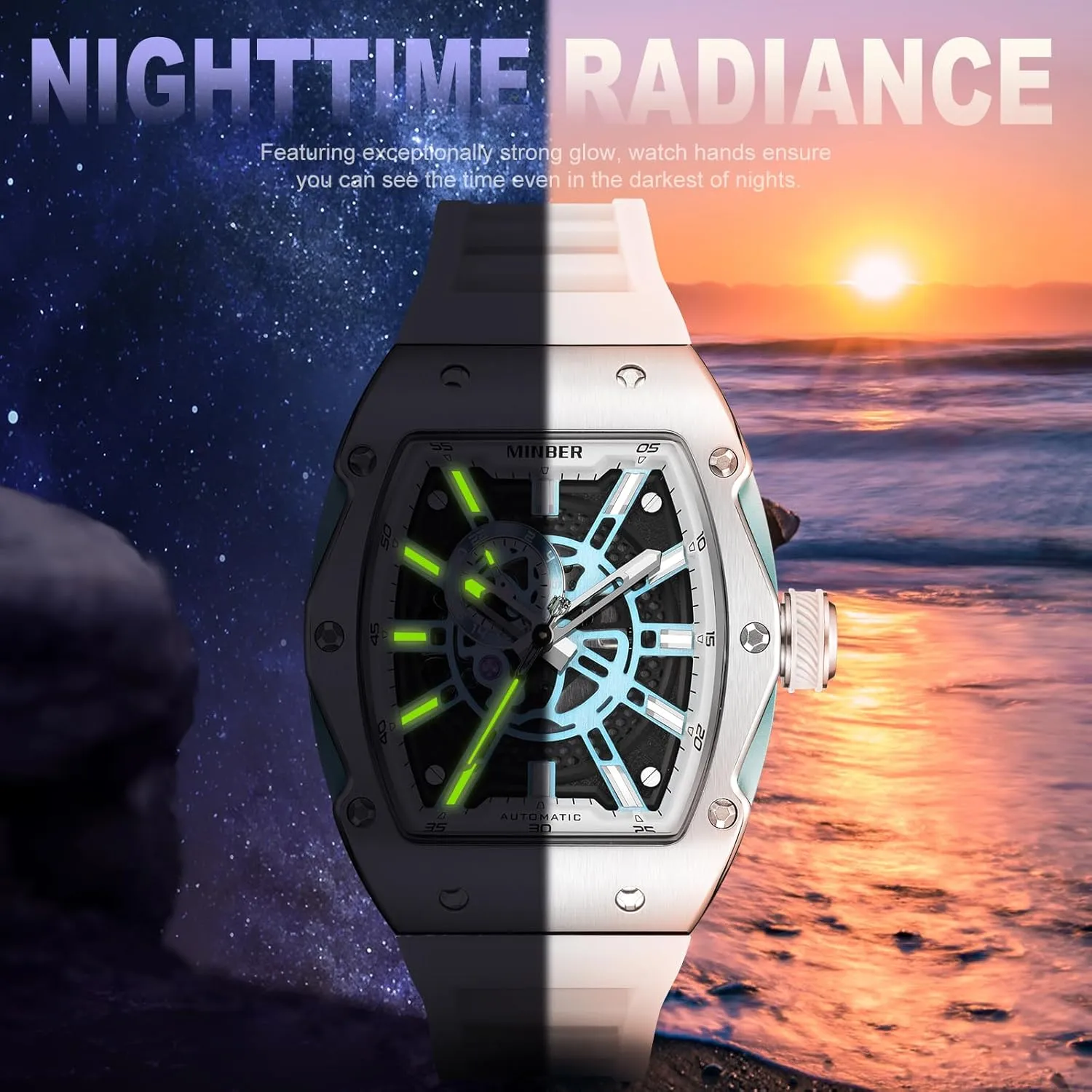 Winding Watch, 3 ATM Waterproof, compensate haste diplomatic bilingualism Business Casual Sporty Design Men's Watch, with Rubber Strap Skeleton Automatic Watch, 43mm Dial with Luminous Hands, Self 