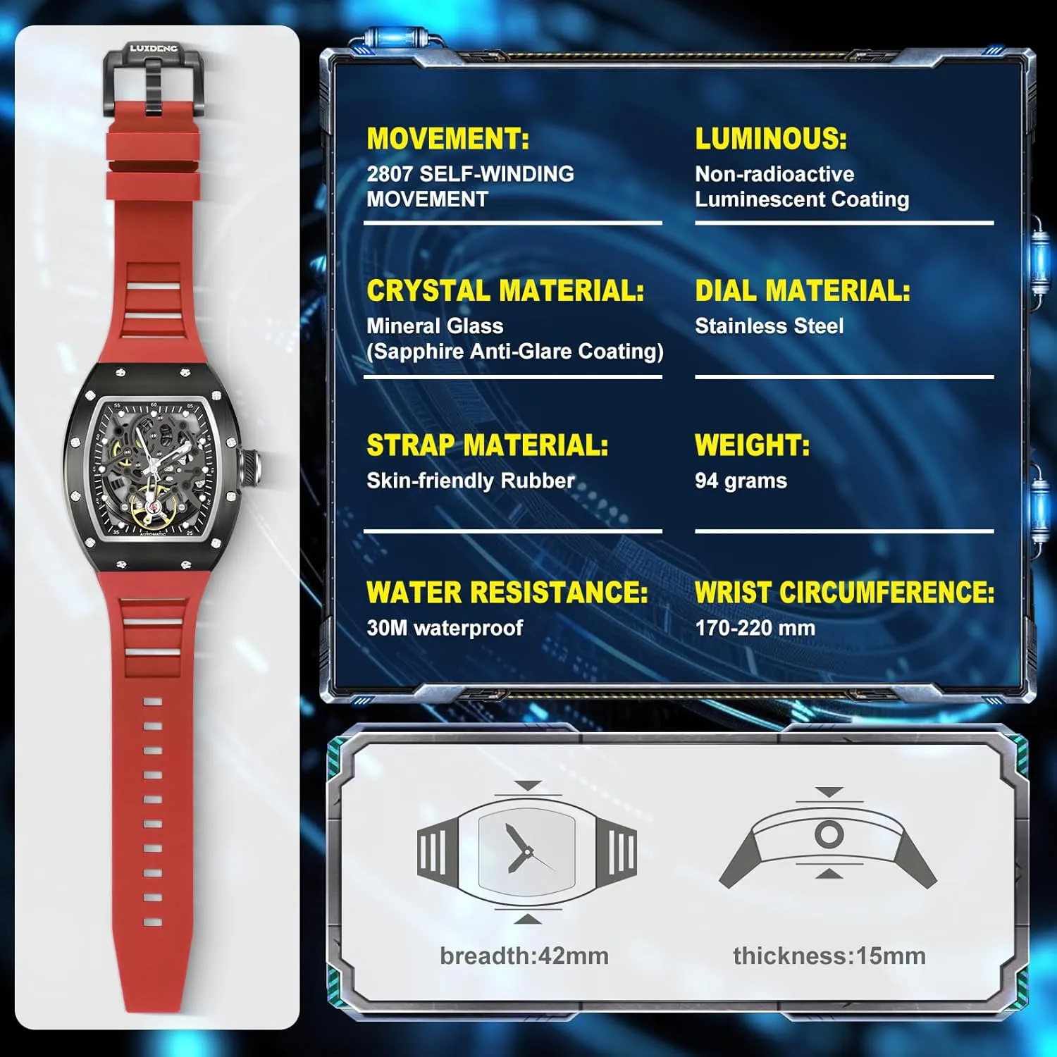 Winding Watch, 3 ATM Waterproof, Transparent Movement Mechanical, Sporty Design Men's hollow tranquillity mix classicism jawbone mystical Watch Skeleton Automatic Watch, 42mm Dial with Luminous Hands, Self 
