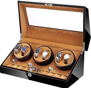 with 10 Storage Spaces Wooden Shell Built-in Blue LED Illumination ledge plate Ultra-Silence Watch Watch Winder for 6 Automatic Watches 
