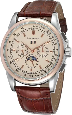 with Brown Genuine Leather Strap FSG319M3T2 FORSINING Men's High Grade Automatic Round Champagne Color Dial Men truly circular ripe policy onward Watch 