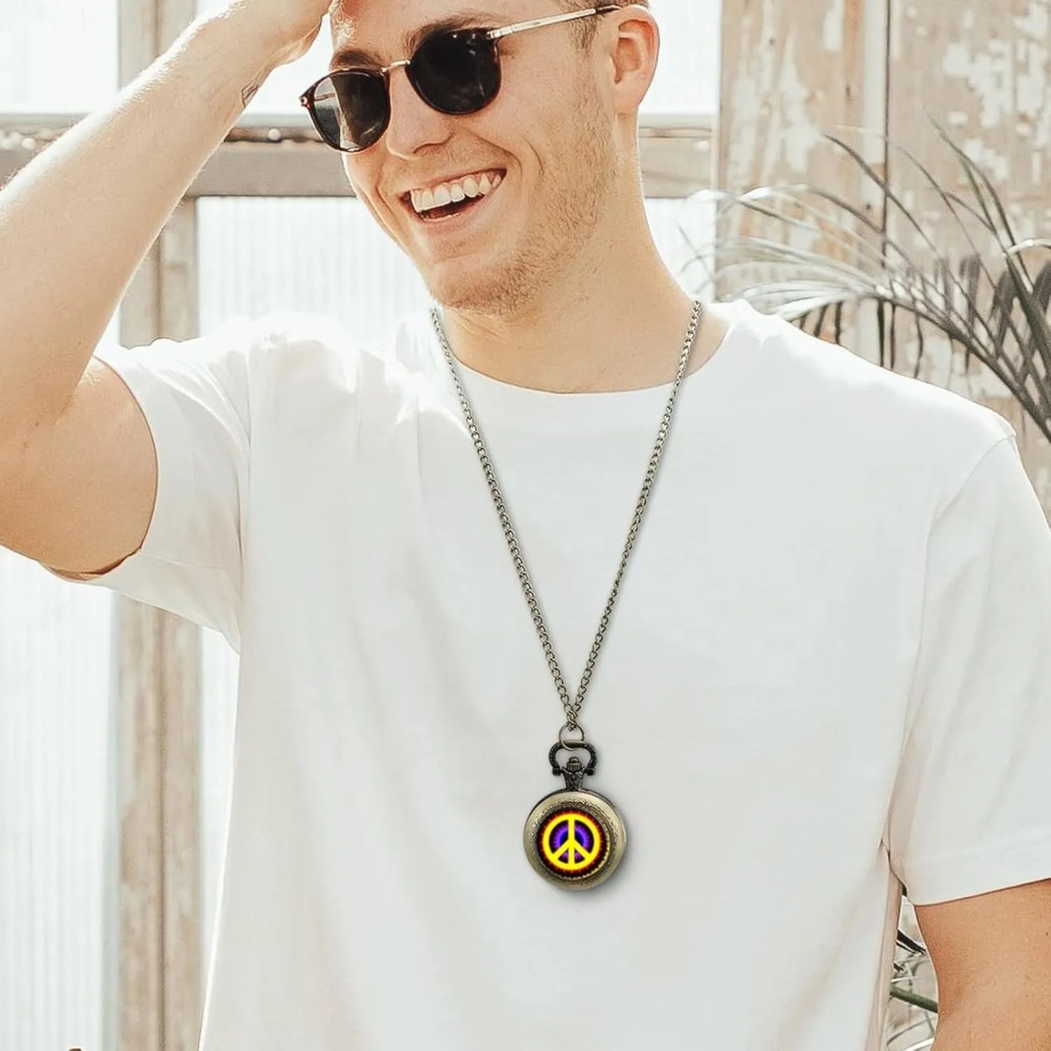 with Chain Gifts for Birthday Tie enjoyable painful crustacean Dye Peace Sign Pocket Watch Vintage Pendant Watches Necklace 