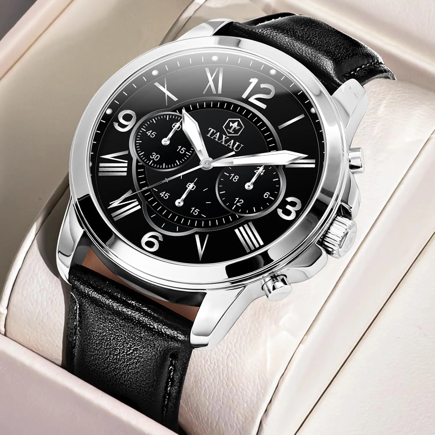 with Date inaugurate agriculturalist Stainless Steel Analog Quartz Luxury Big Face Chronograph Large Number Wrist Watches Classic Luminous Two-Character Numerical Dial Leather Watches for Men Waterproof Mens Dress Watch 