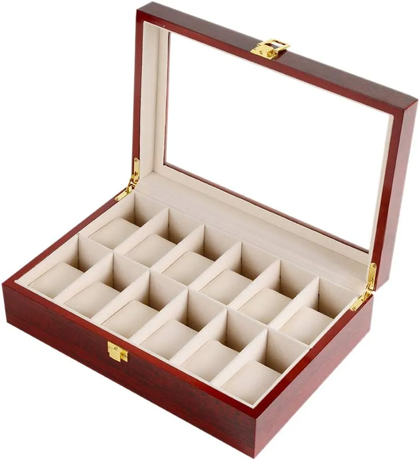 with Large Glass sunroof Jewelry Storage Box 12-bit option Wooden Paint Watch Display Box, Metal Safety Buckle Lock Combined 