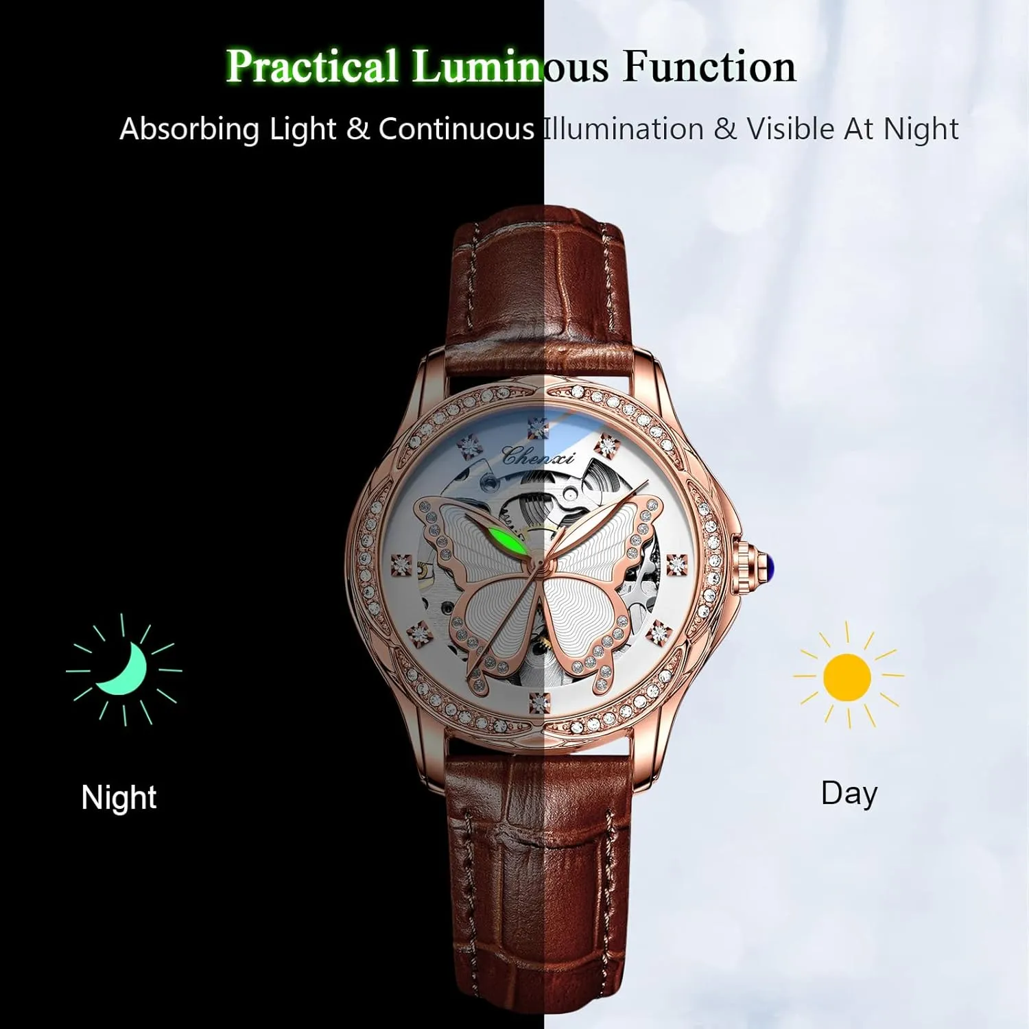 with Leather Strap Diamond-Accented Ladies Wristwatch RORIOS Fashion Women��s Watches Luminous Skeleton Watches thunder Automatic Mechanical Watch 