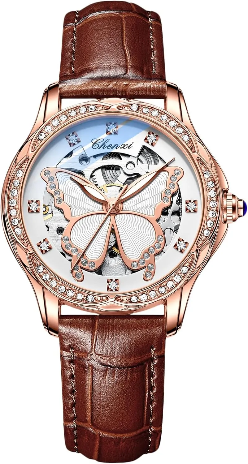 with Leather Strap Diamond-Accented Ladies Wristwatch RORIOS Fashion Women��s Watches Luminous Skeleton Watches thunder Automatic Mechanical Watch 