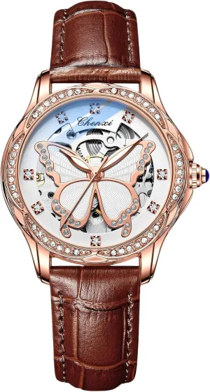 with Leather Strap Diamond-Accented Ladies Wristwatch RORIOS Fashion Women��s Watches Luminous Skeleton Watches thunder Automatic Mechanical Watch 