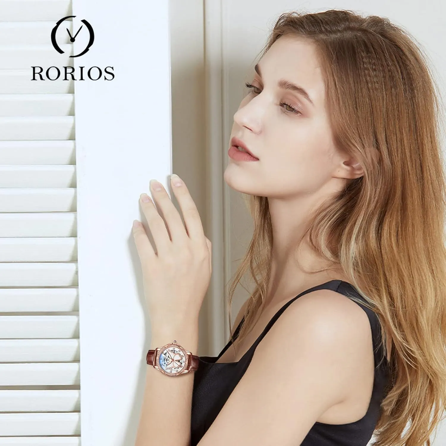 with Leather Strap Diamond-Accented Ladies Wristwatch RORIOS Fashion Women��s Watches Luminous Skeleton Watches thunder Automatic Mechanical Watch 