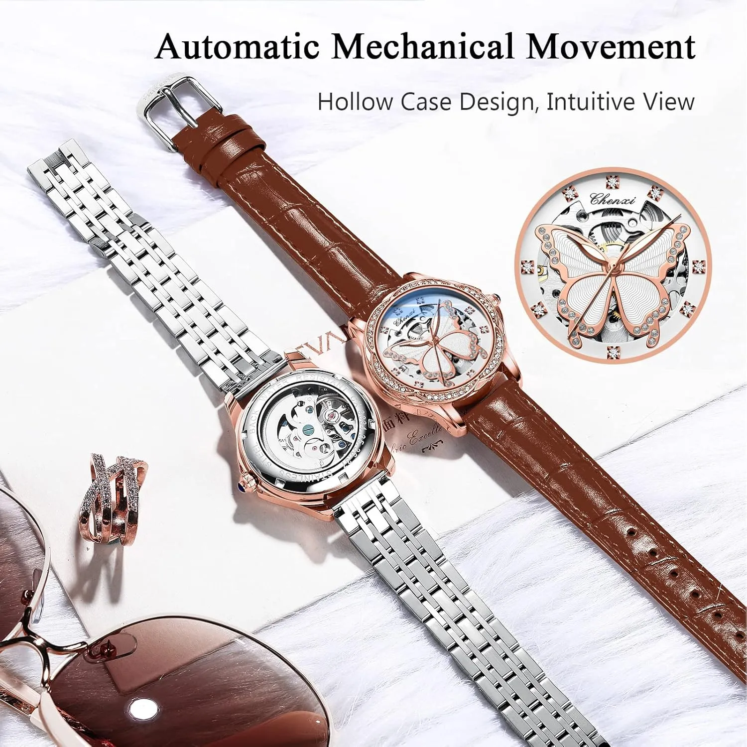 with Leather Strap Diamond-Accented Ladies Wristwatch RORIOS Fashion Women��s Watches Luminous Skeleton Watches thunder Automatic Mechanical Watch 