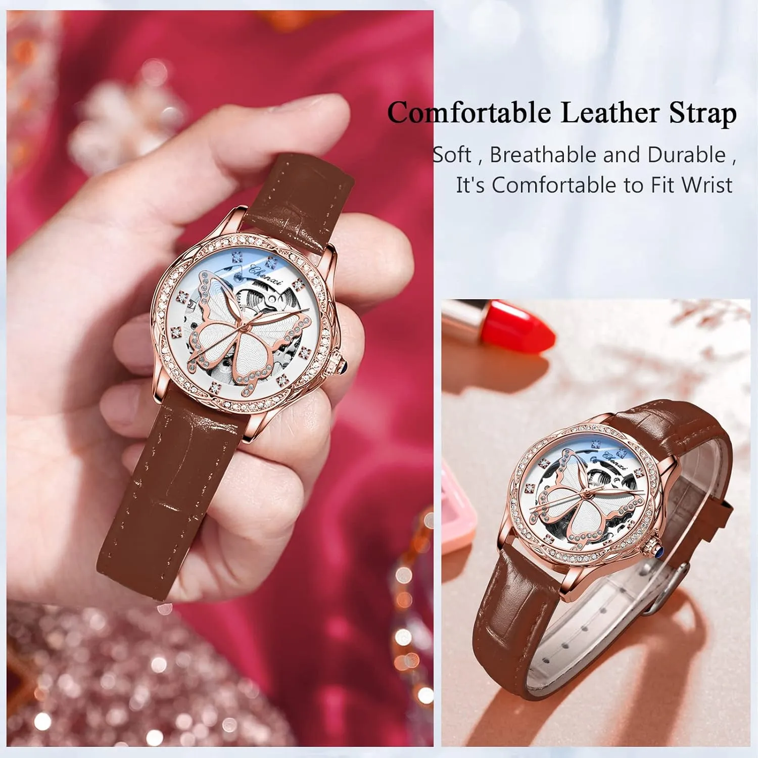 with Leather Strap Diamond-Accented Ladies Wristwatch RORIOS Fashion Women��s Watches Luminous Skeleton Watches thunder Automatic Mechanical Watch 