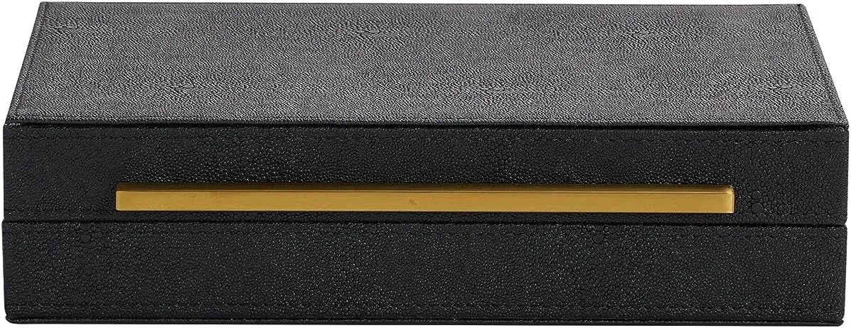 With Matt Golden Stainless Steel Handle (Black) Kingflux Black cliff Shagreen Leather Decorative Box, Storage Box Jewelry Organizer, Woment&Men's Accessory Organizer 