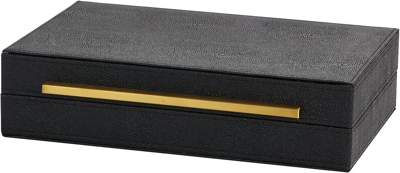 With Matt Golden Stainless Steel Handle (Black) Kingflux Black cliff Shagreen Leather Decorative Box, Storage Box Jewelry Organizer, Woment&Men's Accessory Organizer 