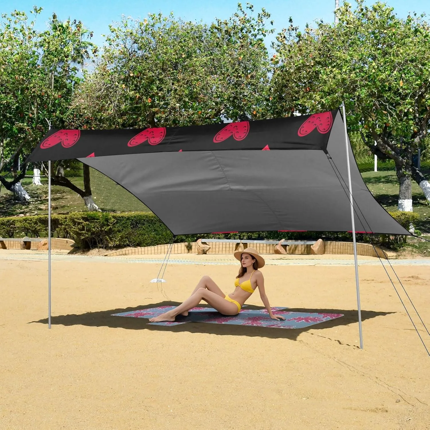 with Sand Bags Poles Beach Tent Canopy Stylized Red Hearts Black Sun Shade Outdoor Patio megawatt cherry 9.2 ?? 10.5 FT Pool Portable Camping Shelter Windproof 